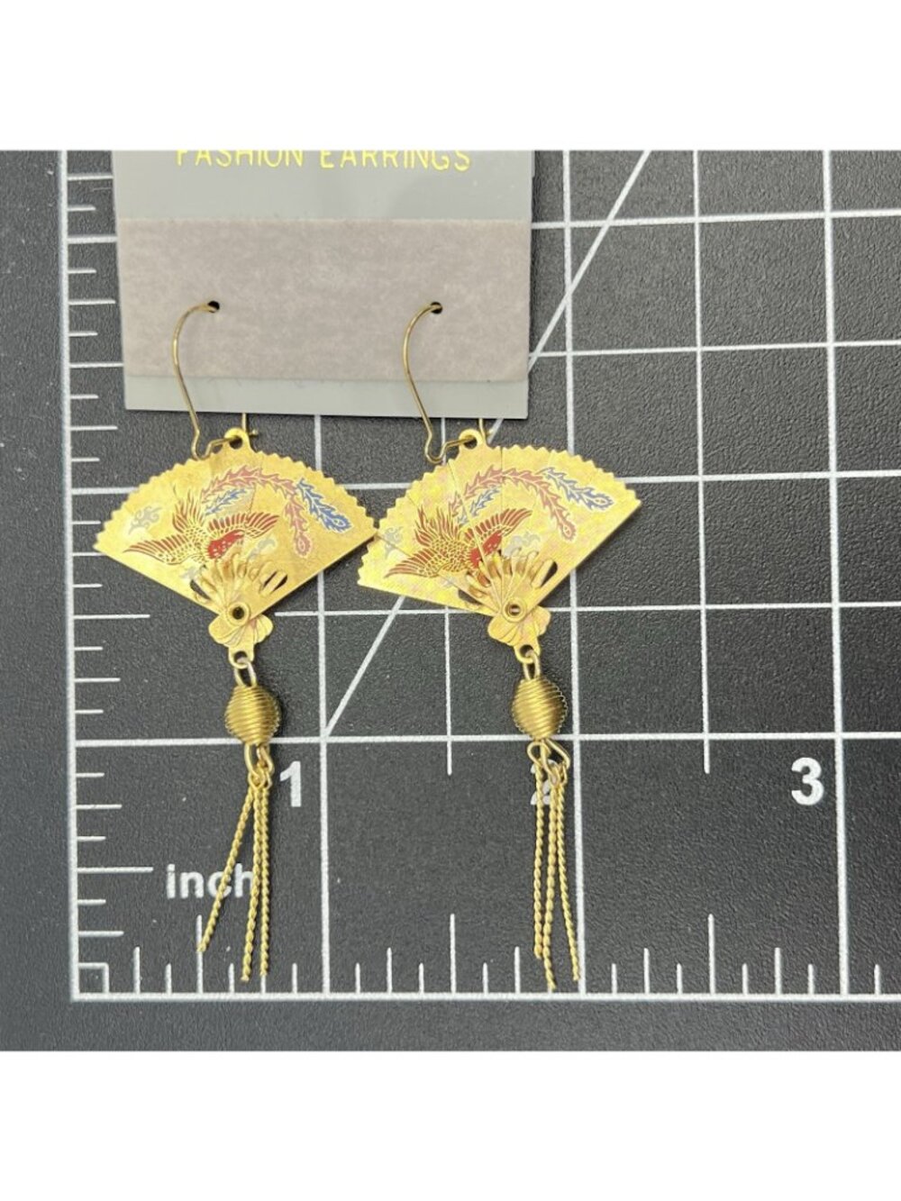 Vintage Asian Fan Tassel Earrings Gold Tone Phoenix Crane Statement Dangle 2.5" - Picture 7 of 7